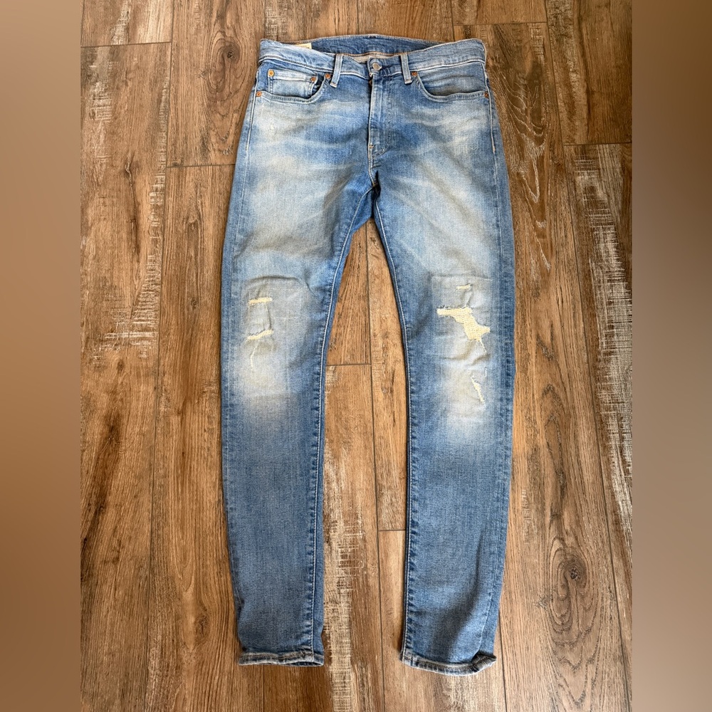 Levis Men's Blue Distressed Stretch Skinny Taper Jeans 33x32